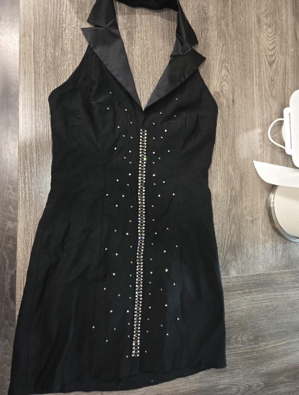 bebe Black Strapless Halter Dress with Rhinestone Center Detail
